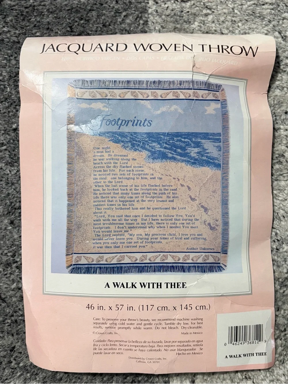 Vtg Footprints/Walk with Thee Jacquard Woven Throw Blanket Tapestry Style 51x41